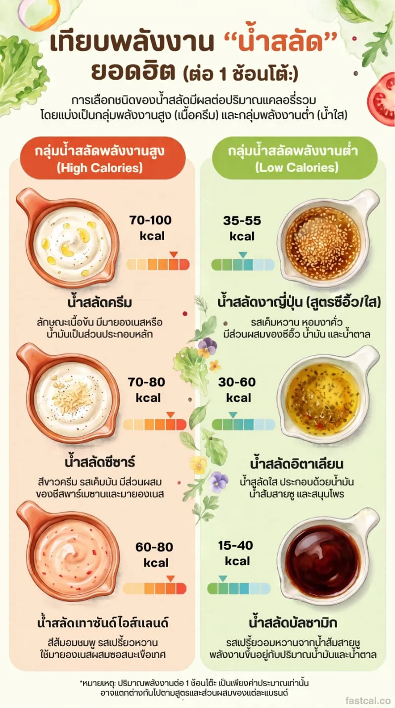 แคลอรี่น้ำสลัดต่อ 1 ช้อนโต๊ะ: น้ำสลัดครีม ซีซาร์ เทาซันด์ไอส์แลนด์ งาญี่ปุ่น อิตาเลียน บัลซามิก