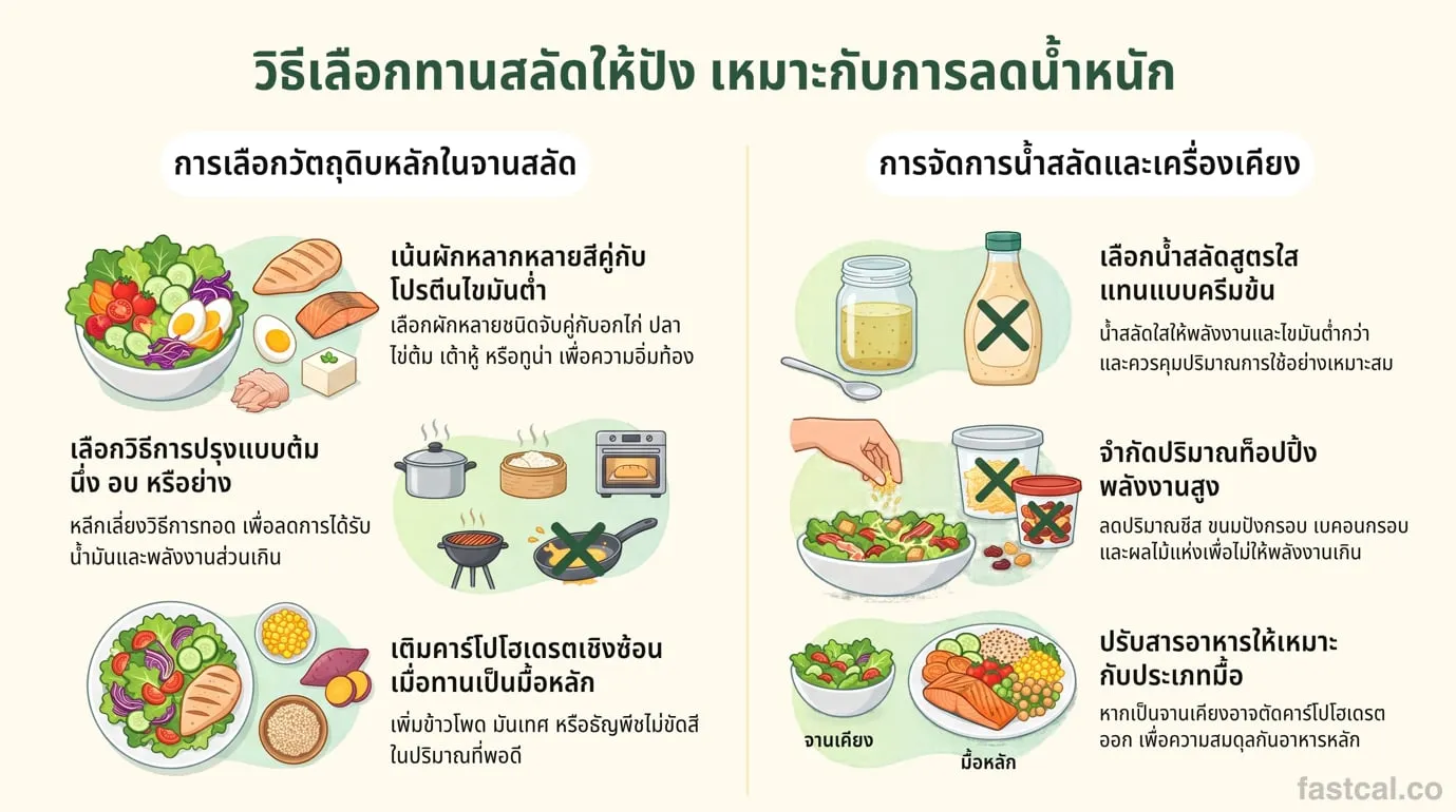 วิธีเลือกทานสลัดให้เหมาะกับการลดน้ำหนัก: เลือกวัตถุดิบ วิธีปรุง น้ำสลัด และเครื่องเคียง